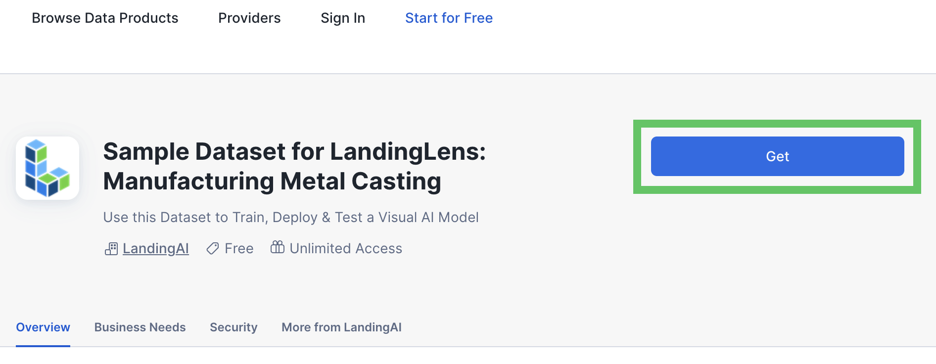 Sample dataset listing in the Snowflake Marketplace