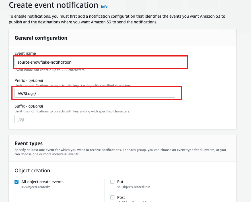 Screenshot of create event notification form in AWS console