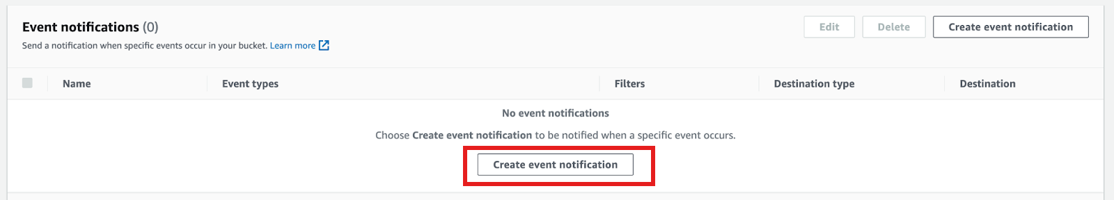Screenshot of empty event notifications dashboard in AWS
