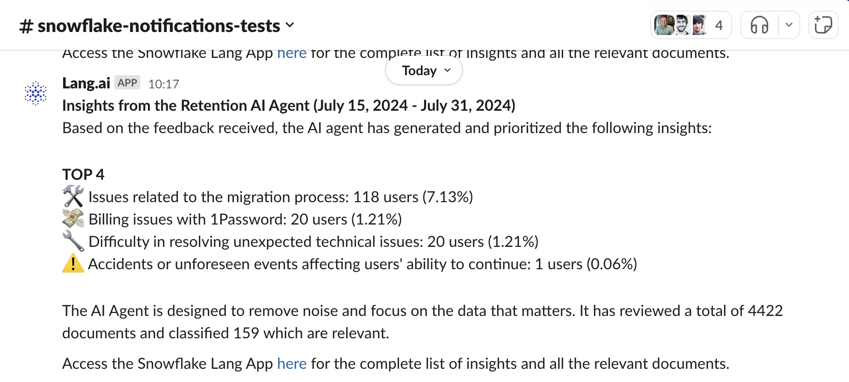 Slack message example