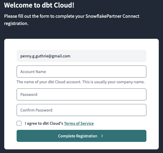 dbt Cloud Registration - New User