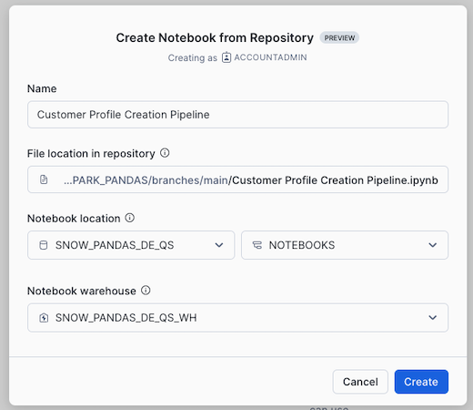 Create Notebook from Repository Dialog