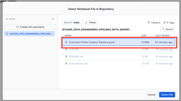 Select Notebook File from Repository