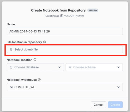 Create Notebook from Repository Dialog