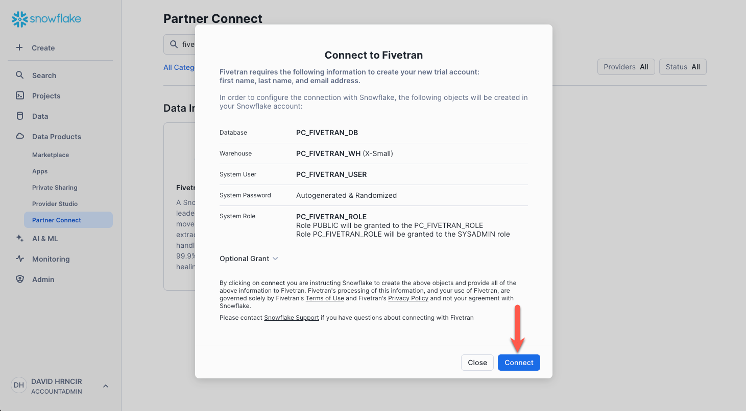 Partner Connect Fivetran Configuration