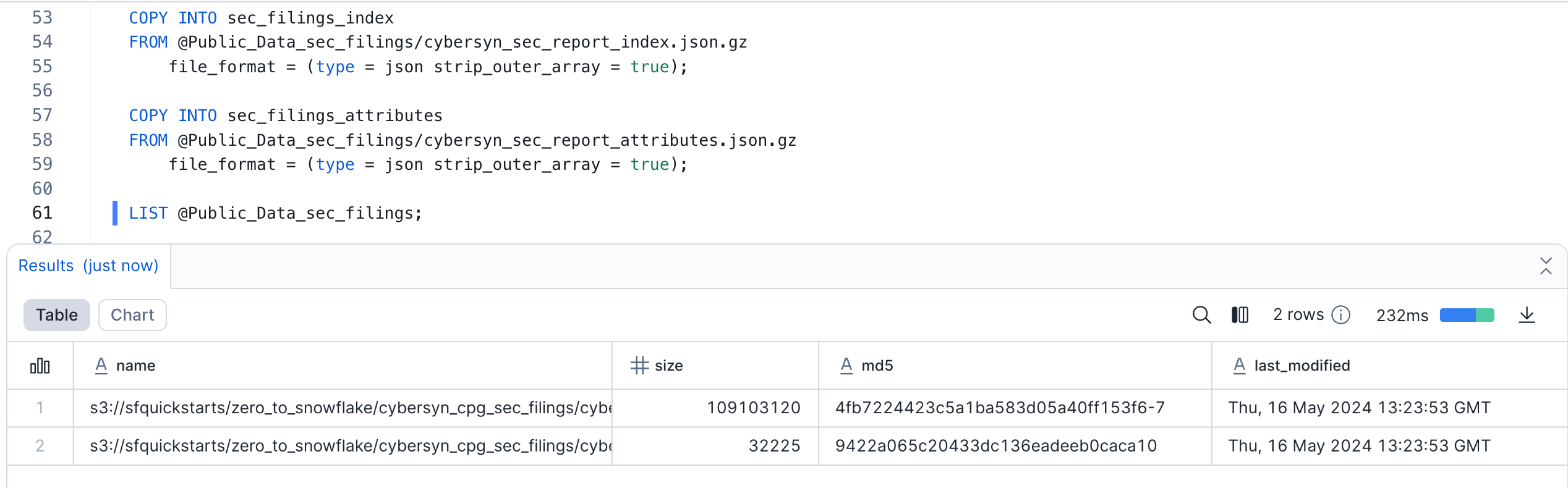 query result