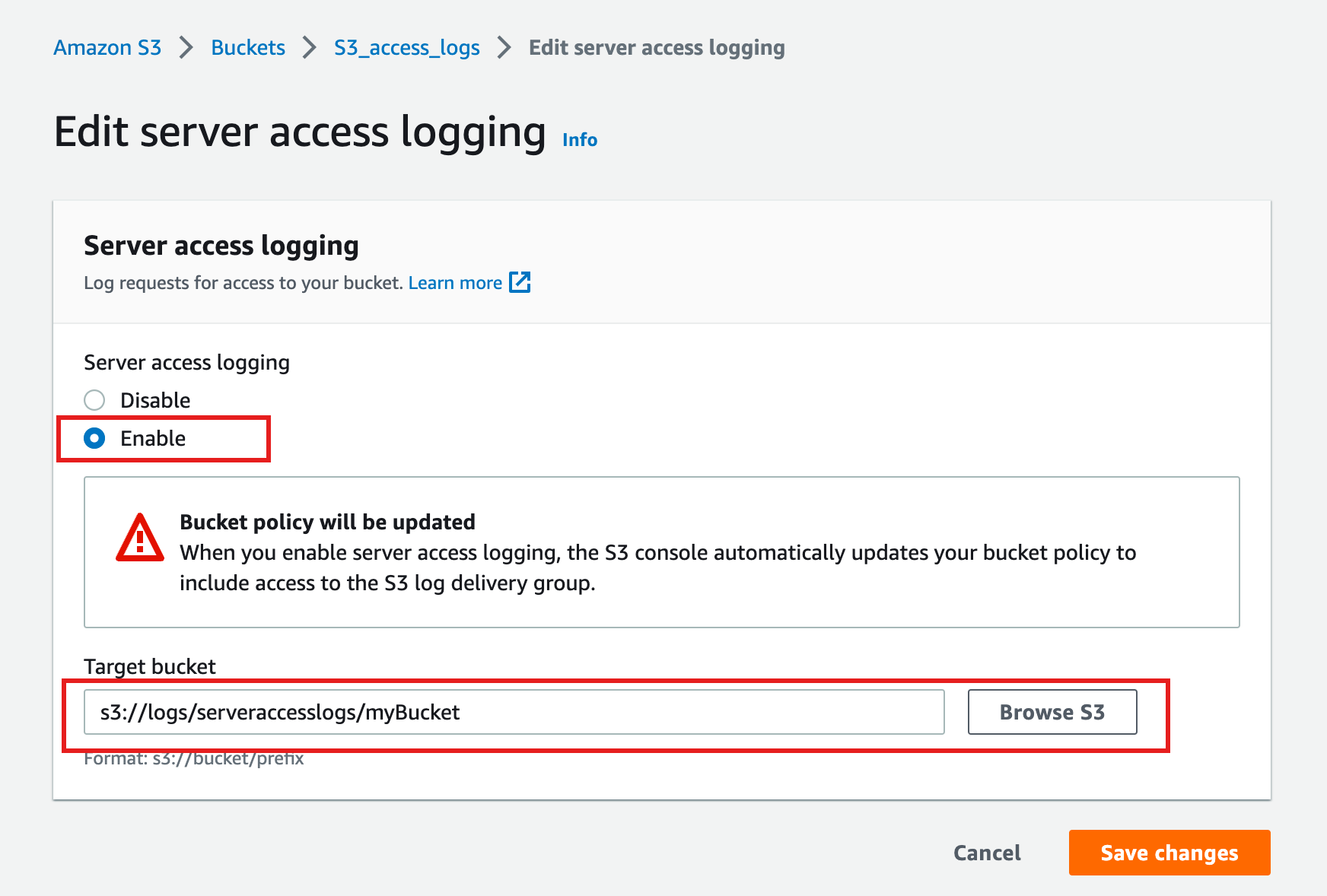 A screenshot of the edit server access logging page. It was the enable radio button selected and a target bucked specified
