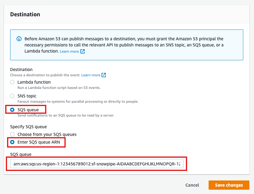 Screenshot of destination configuration in create event notification form in AWS console