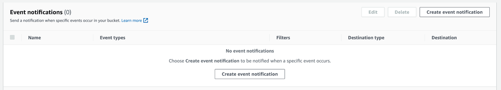 Screenshot of empty event notfications dashboard in AWS