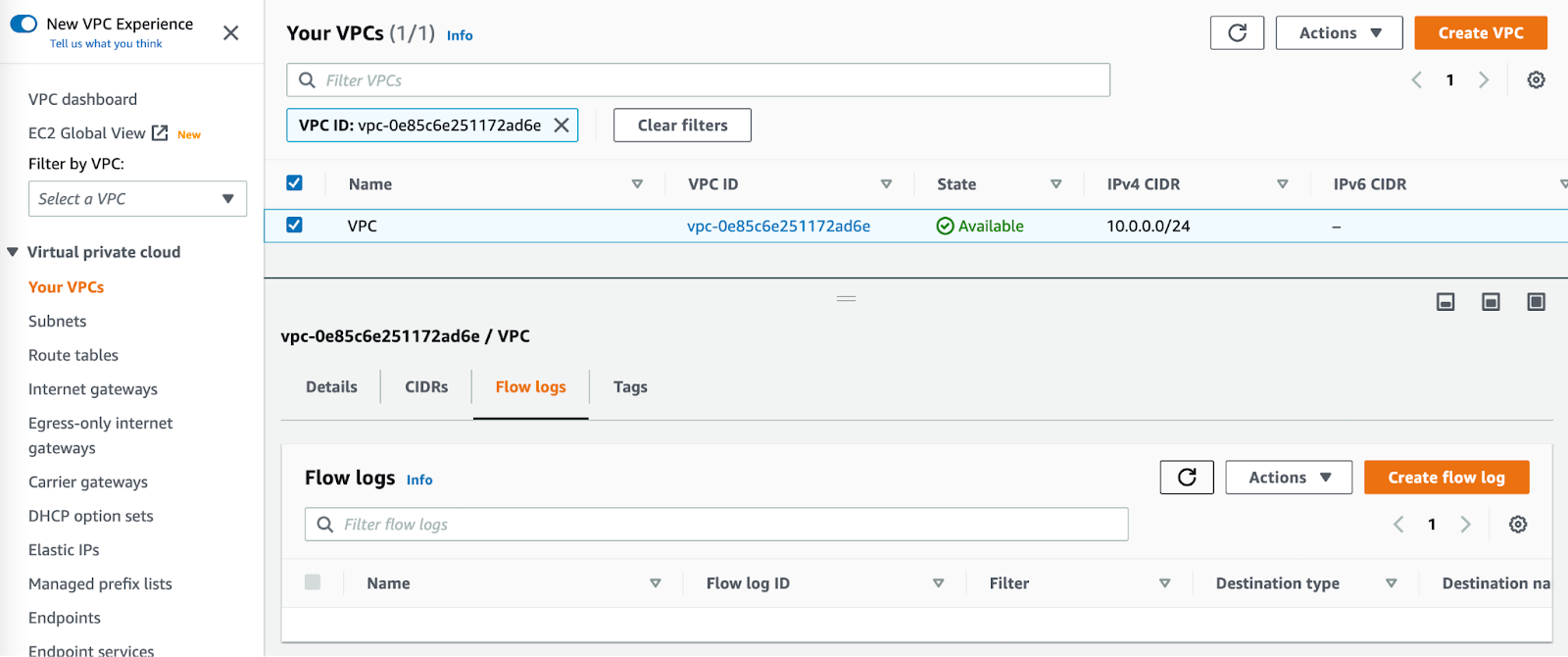 A screenshot of the Amazon VPC console with a VPC selected and the Flow Logs tab open
