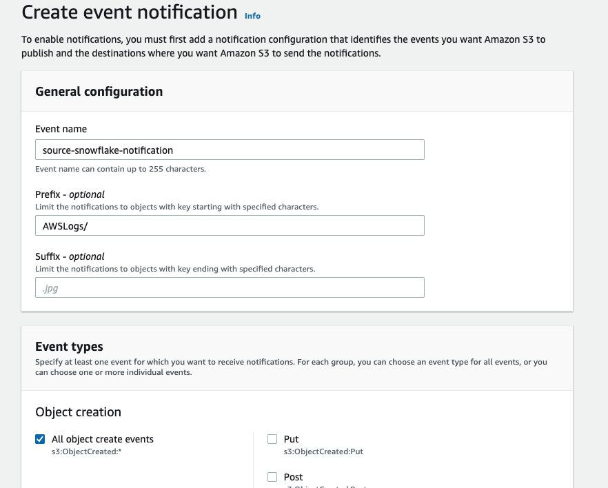Screenshot of create event notification form in AWS console