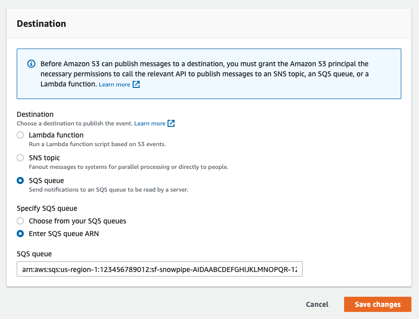Screenshot of destination configuration in create event notification form in AWS console